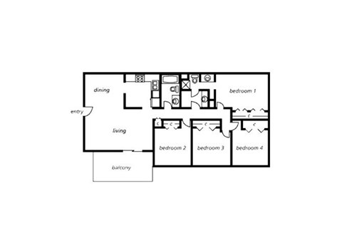Floor plan for 4 beds, 2 baths, 1400 sqft